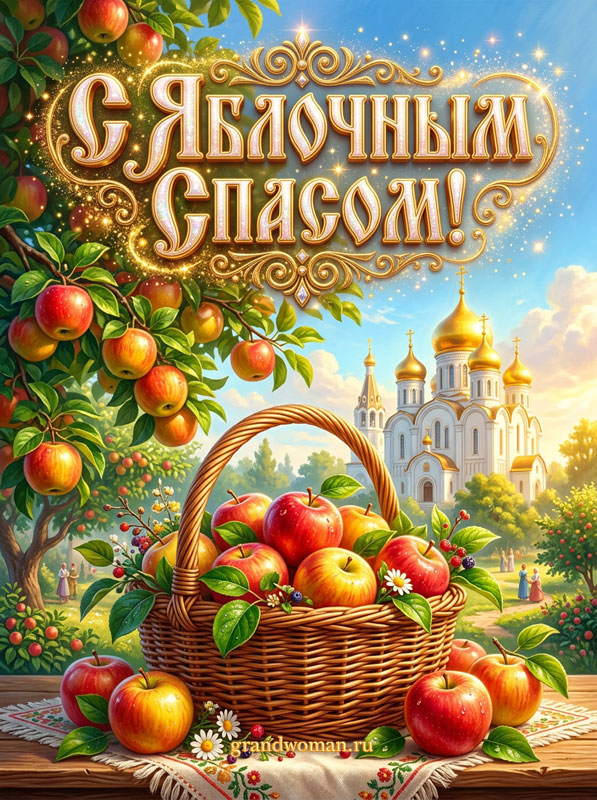 открытка с яблочным спасом с корзиной яблок на фоне храма
