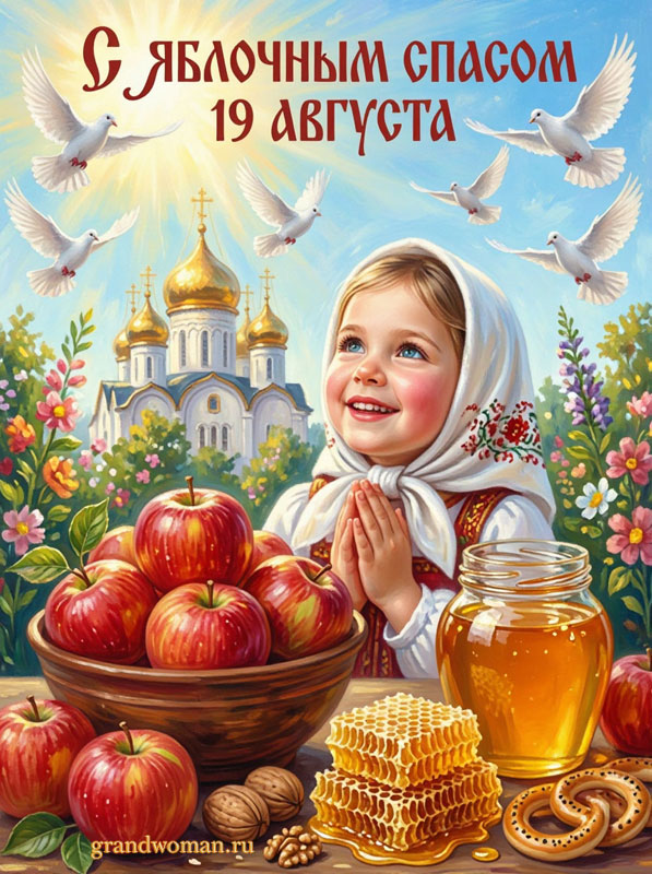 Открытка с Яблочным Спасом 19 августа, картинка с девочкой, яблоками и медом