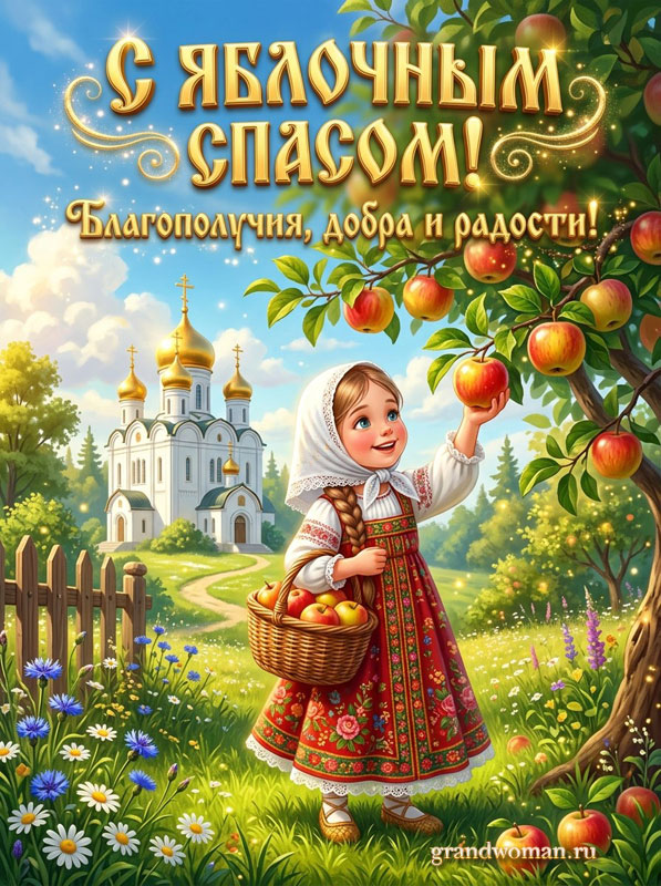 Картинка с Яблочным Спасом бесплатно, открытка с пожеланием благополучия, добра и радости