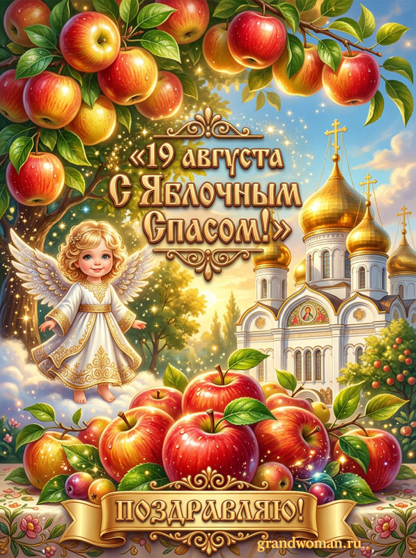 Поздравление с Яблочным Спасом открытка, картинка с ангелом, яблоками и храмом