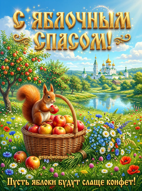 Скачать открытку с Яблочным Спасом, картинка с белочкой, с пожеланием: пусть яблоки будут слаще конфет