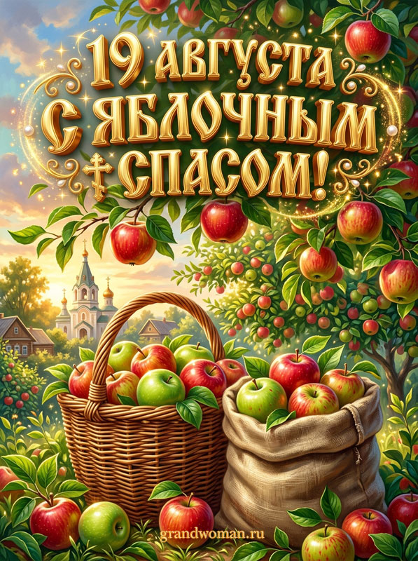 С Яблочным Спасом красивая открытка бесплатно, картинка с корзиной и мешочком яблок