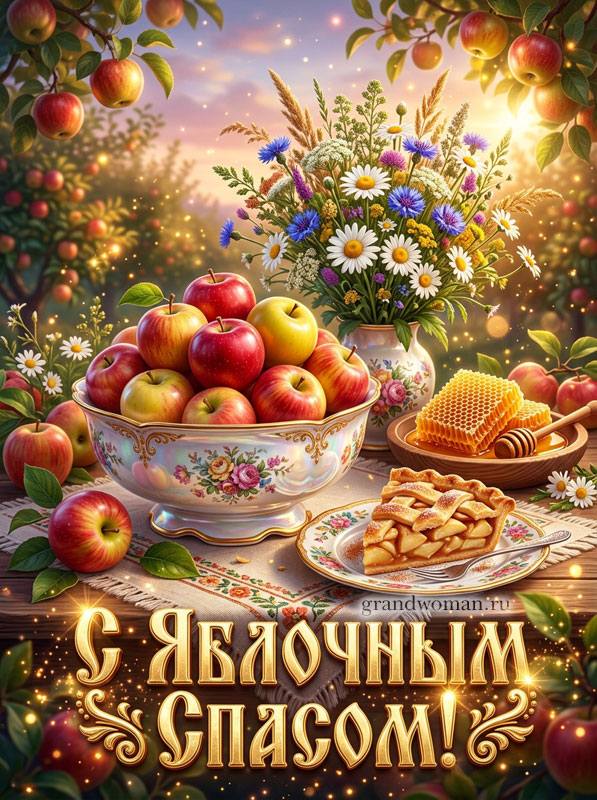 Скачать картинку с Яблочным Спасом, открытка с яблоками, кусочком яблочного пирога и букетом цветов