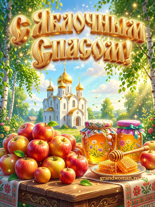 Яблочный спас картинка открытка православная, картинка с яблоками, медом и православным храмом