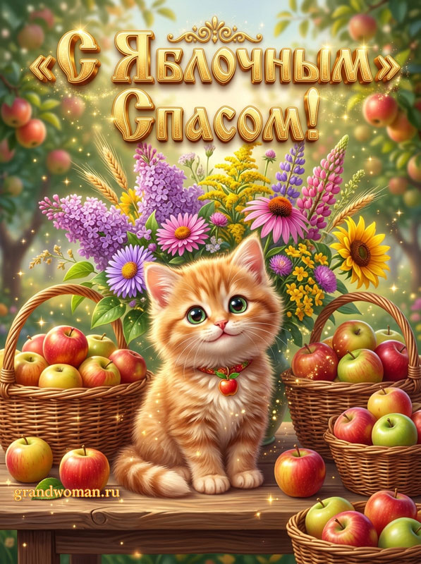Скачать красивую открытку с Яблочным Спасом, картинка с котиком, сидящим среди корзин с яблоками