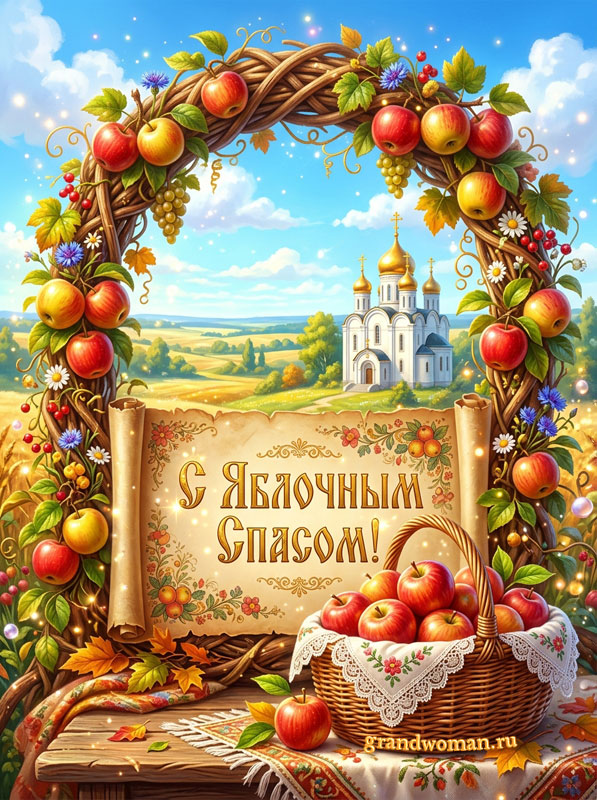 С Яблочным Спасом картинка красивая, открытка с корзиной яблок и яблочной аркой