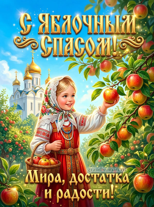 Картинка с Яблочным Спасом с надписями, открытка с пожеланием мира, достатка и радости