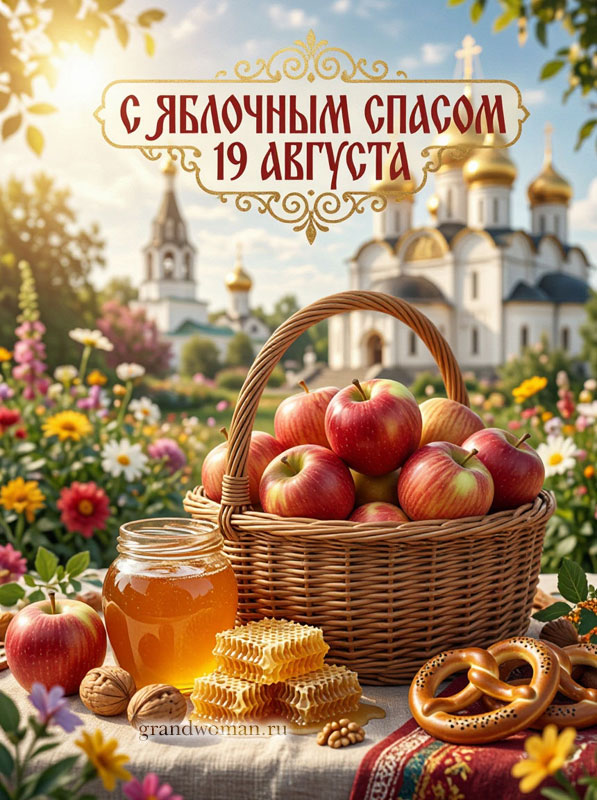 Открытка 19 августа Яблочный Спас, картинка с яблоками, медом и орехами