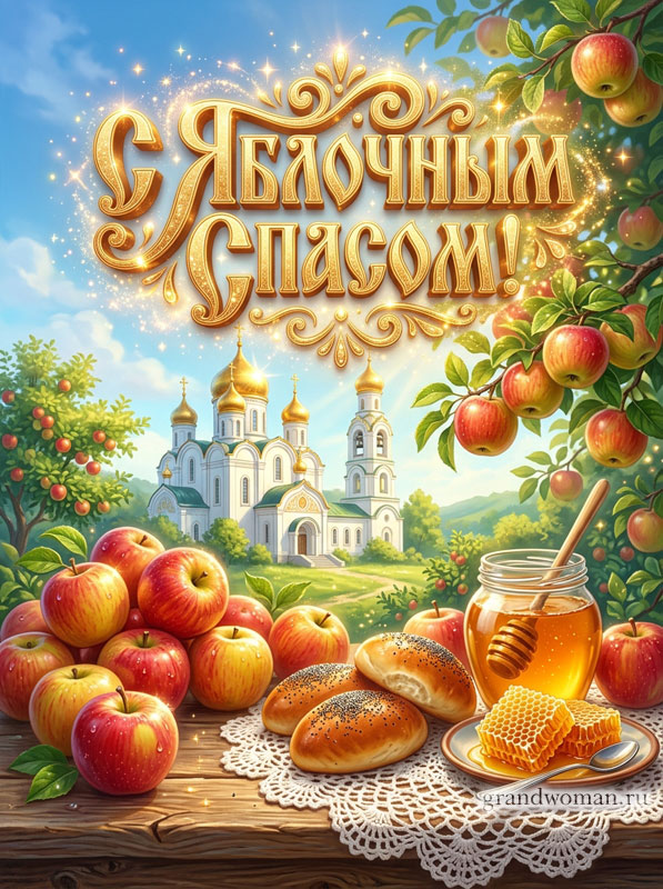 Поздравить с Яблочным Спасом открыткой, картинка с яблоками, медом и булочками