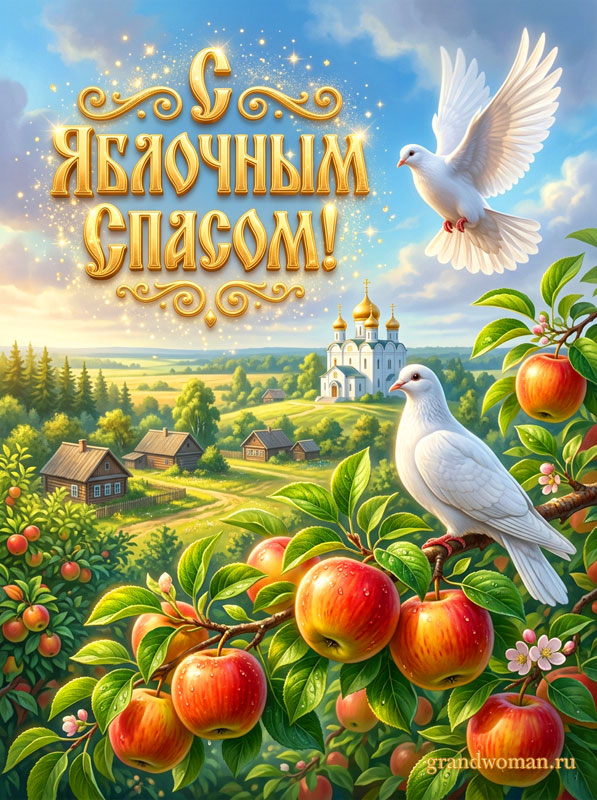Картинка с днем Яблочного Япаса бесплатно, открытка с ветвями яблонь, голубями и православным храмом