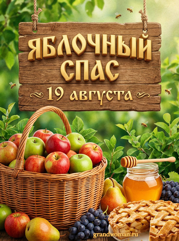 С Яблочным Спасом красивая открытка скачать бесплатно, картинка с яблоками, медом и яблочным пирогом