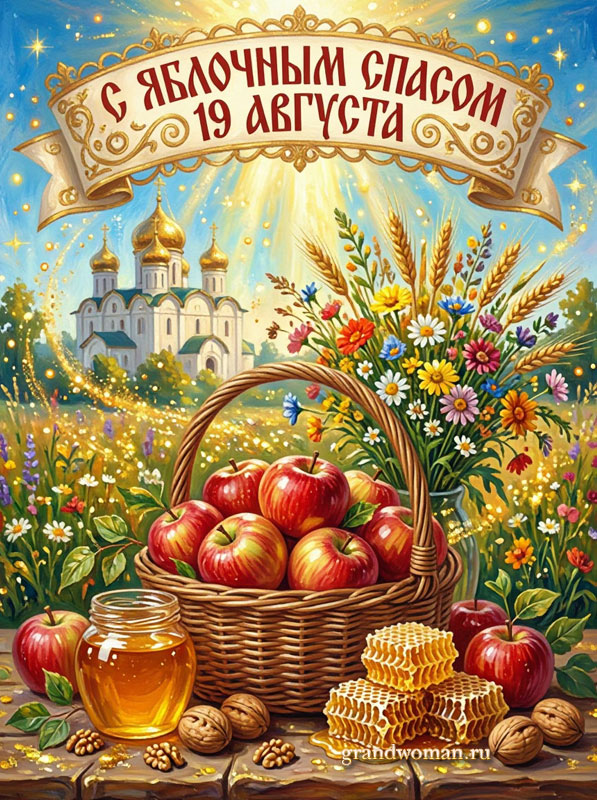 Яблочный Спас прикольная открытка, картинка с корзиной яблок и медовыми сотами