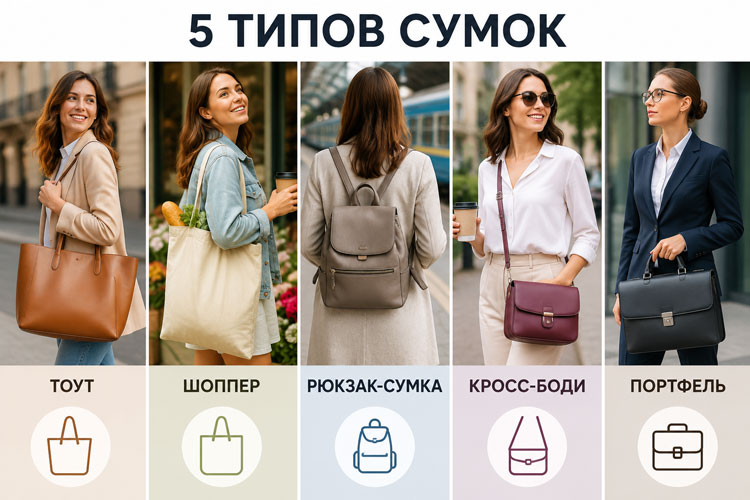 5 типов женских сумок: тоут, шоппер, сумка-рюкзак, кросс-боди, портфель